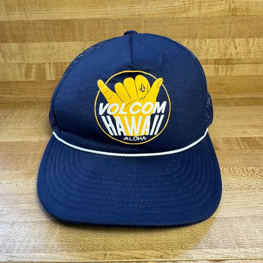 Vintage Volcom Hawaii Aloha Trucker Hat Navy Blue Snapback Mesh Surf Cap Hand l